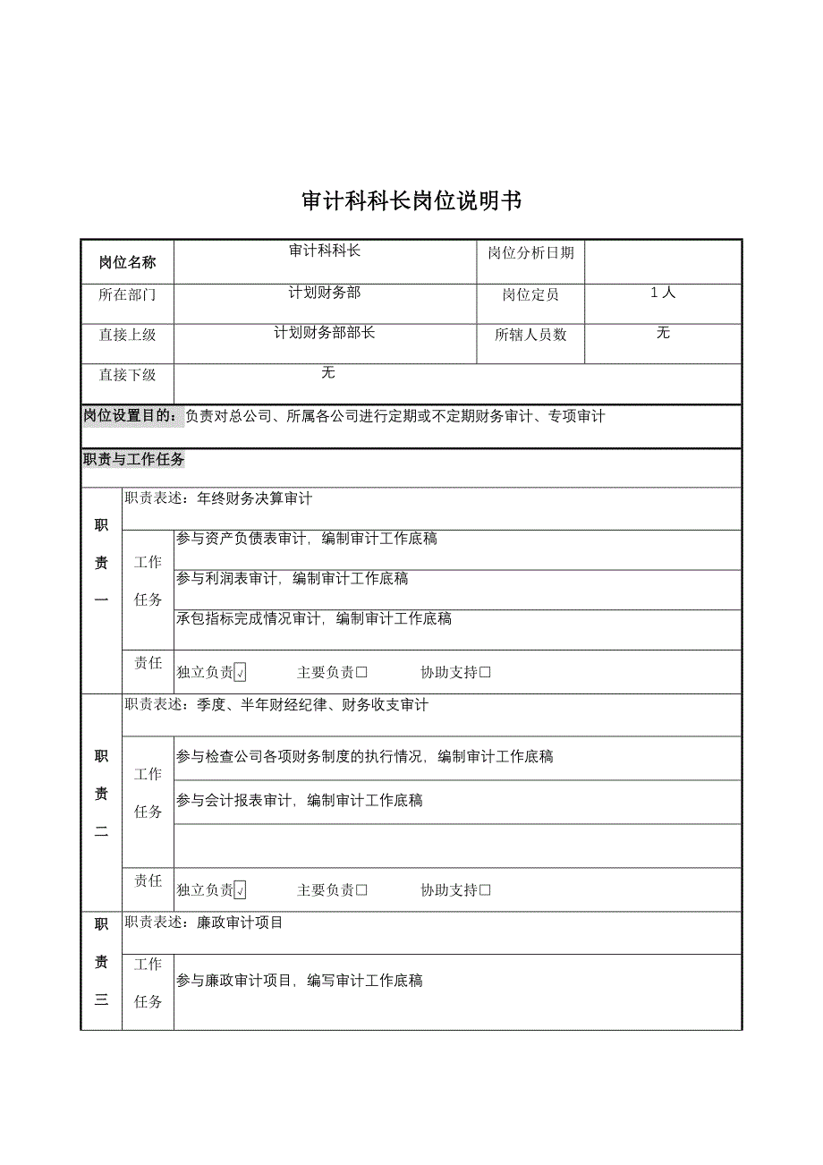 审计科科长职务说明书_第1页