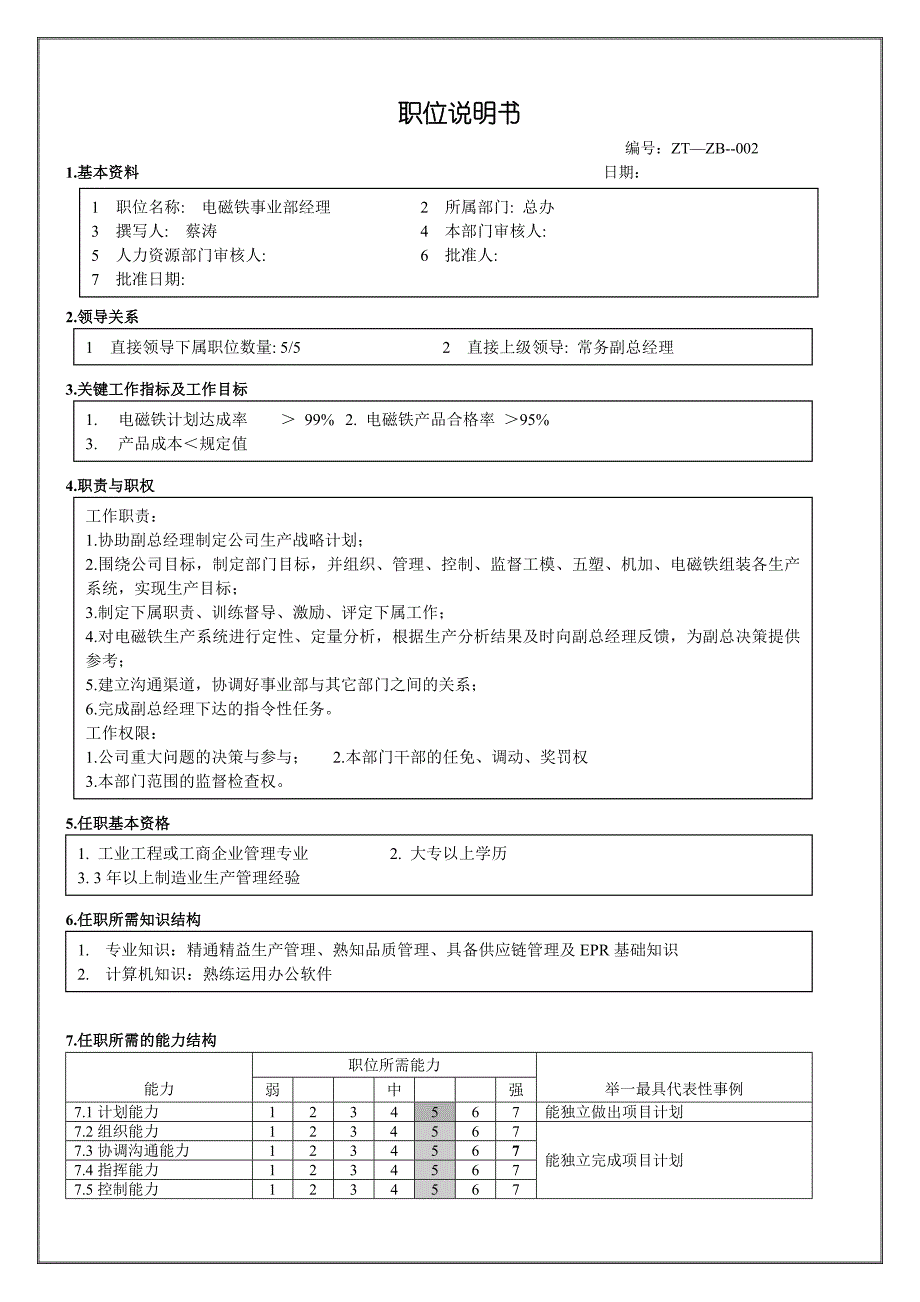 企业财务部门经理职位说明书7_第1页