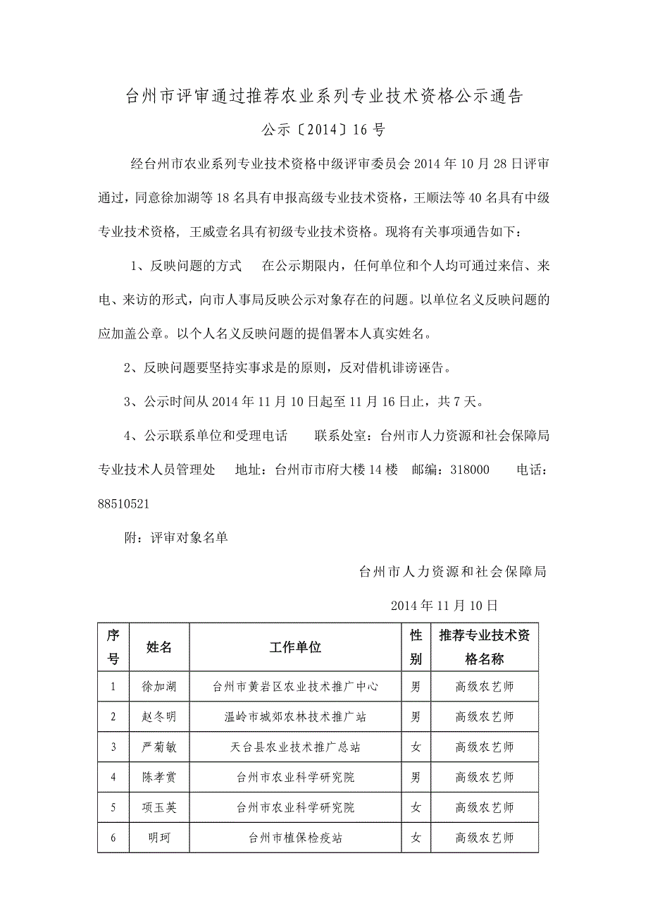 台州评审通过推荐农业系列专业技术资格公示通告_第1页