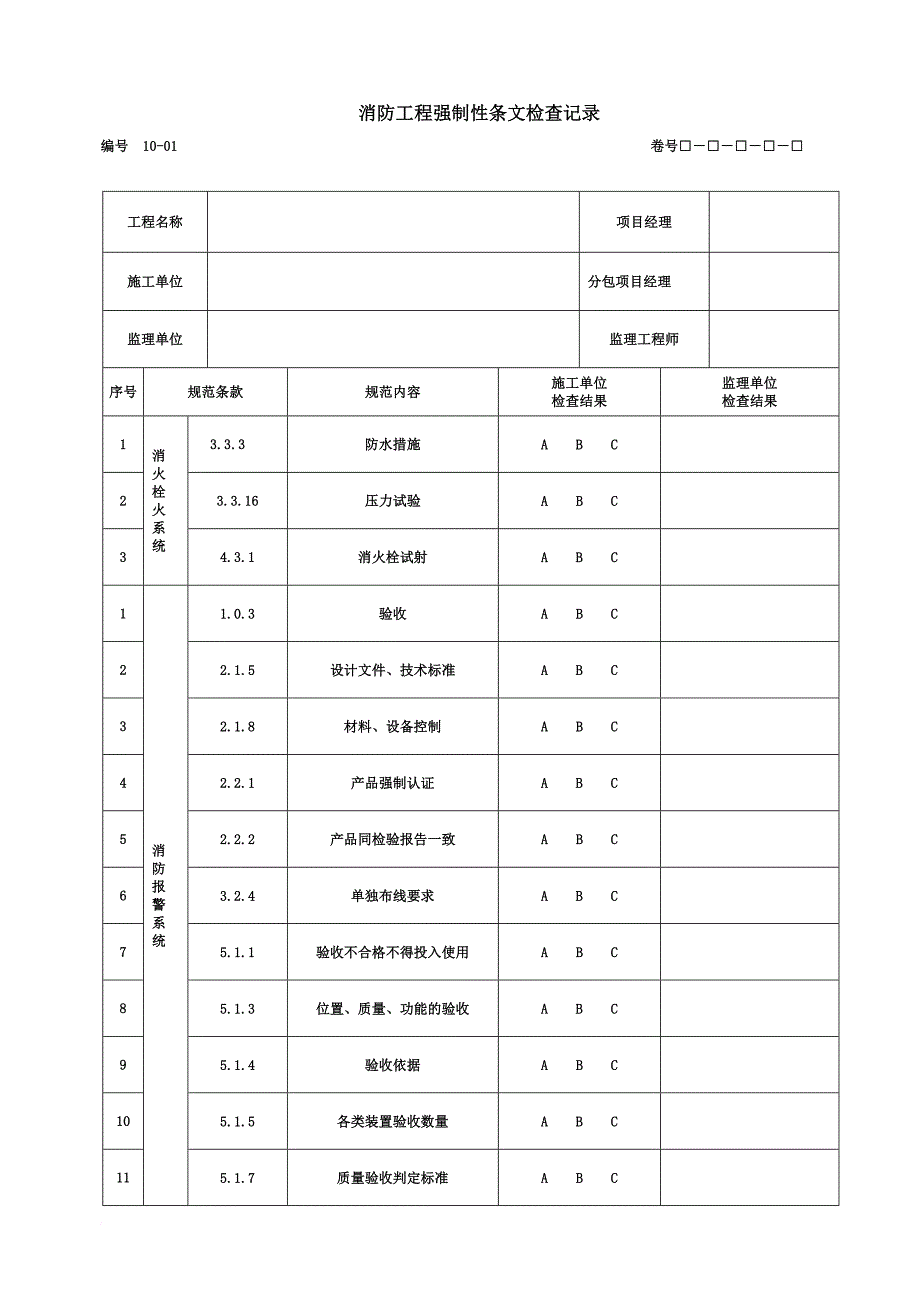 消防知识_消防工程强制性条文检查记录_第1页