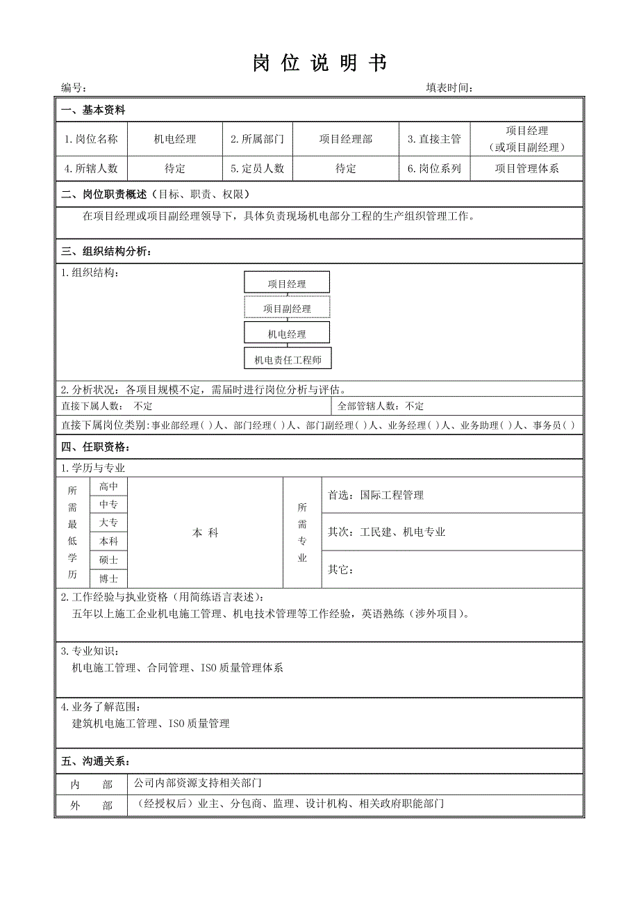 岗位说明书-机电经理_第1页
