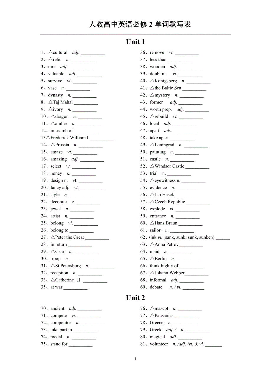 人教版高中英语必修2单词默写英汉互译打印版_第1页