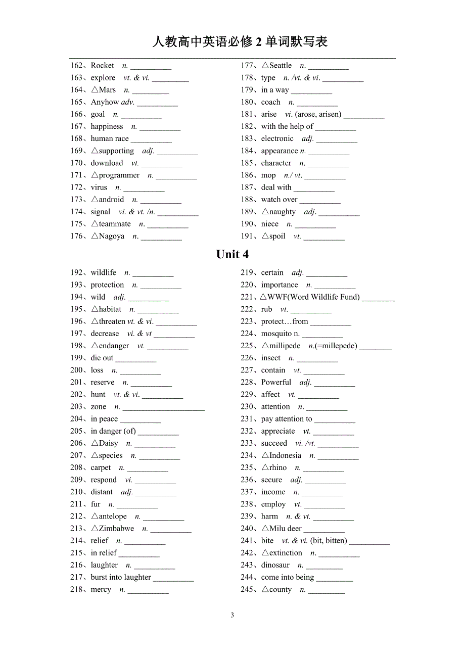 人教版高中英语必修2单词默写英汉互译打印版_第3页