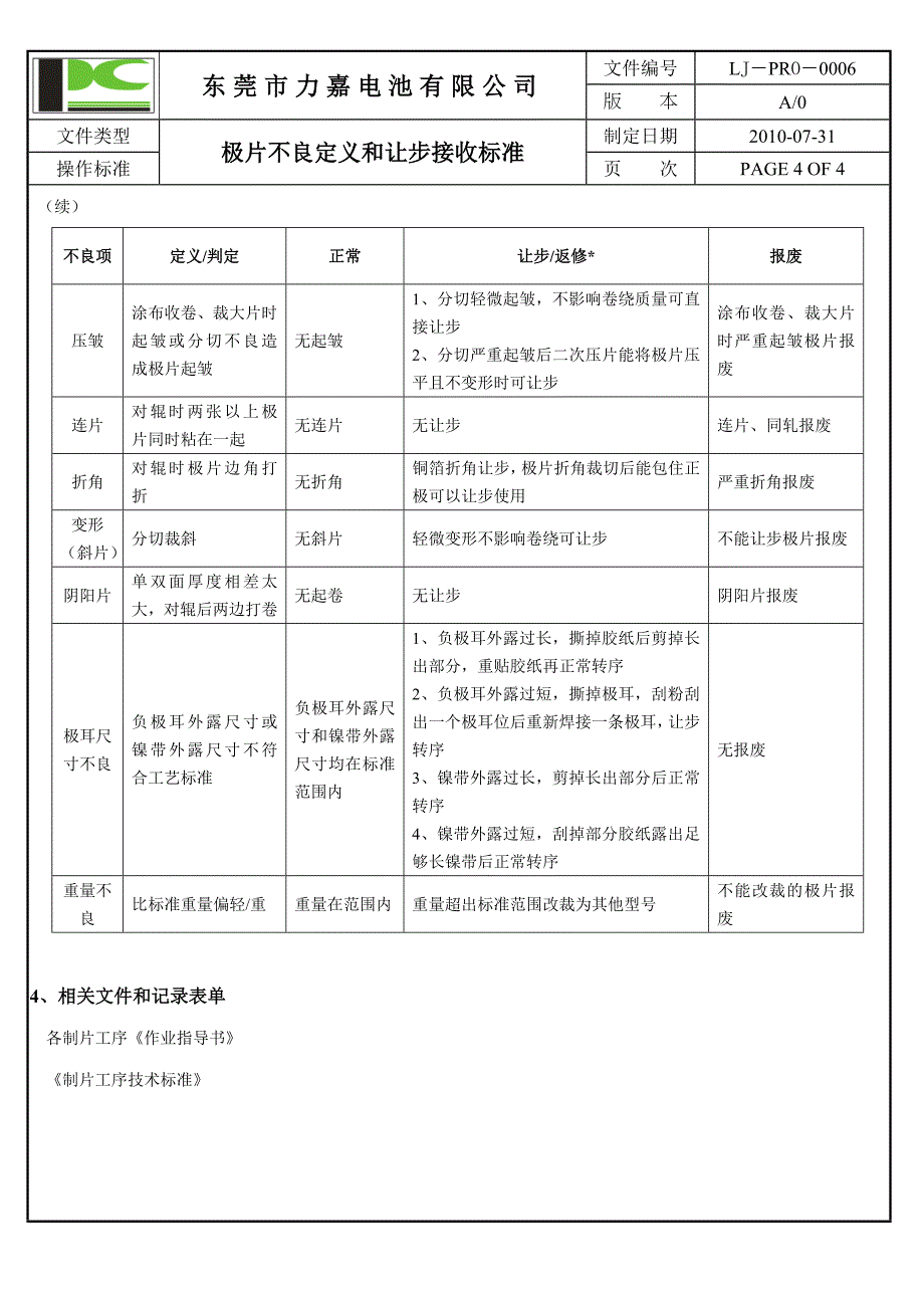 极片不良定义与让步接收标准_第4页