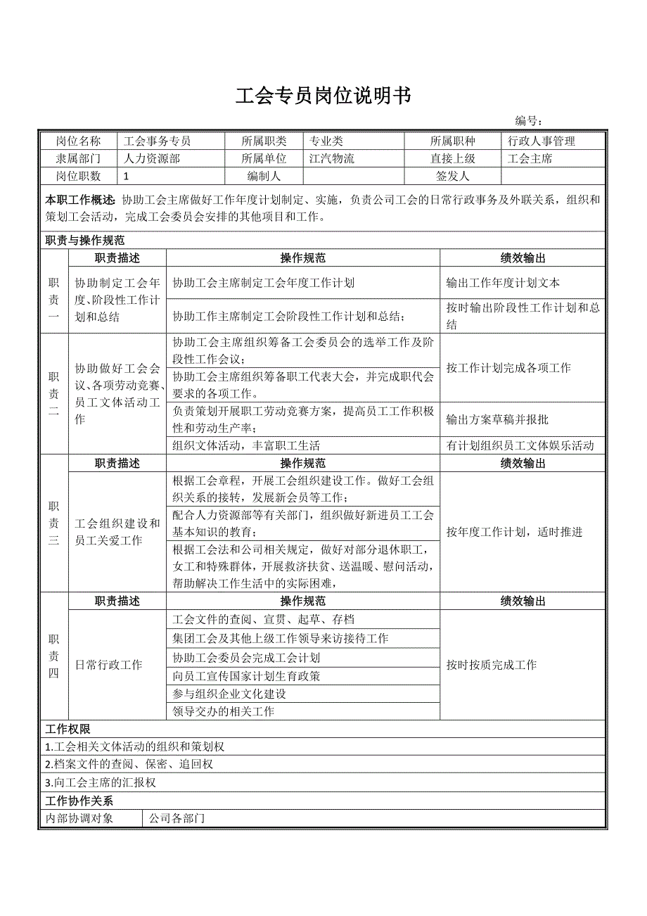 工会专员岗位说明书_第1页