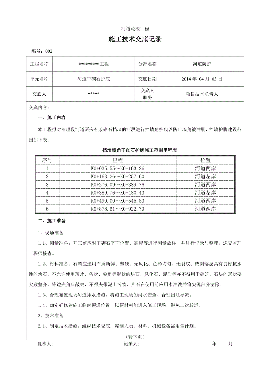 干砌石护底技术交底记录_第1页