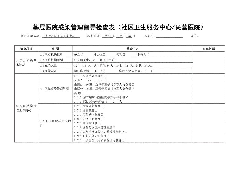 基层医院感染管理督导检查表资料_第1页