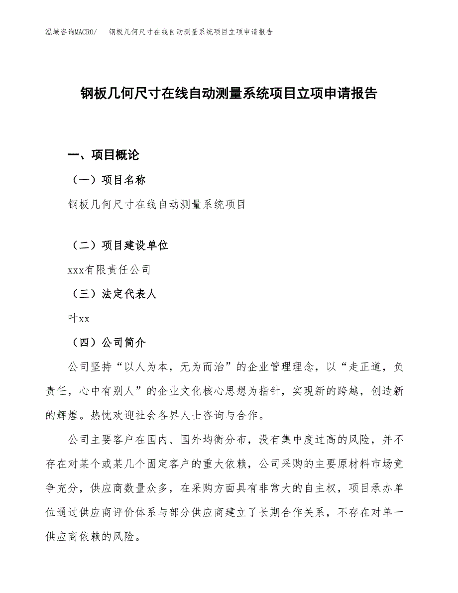 钢板几何尺寸在线自动测量系统项目立项申请报告.docx_第1页