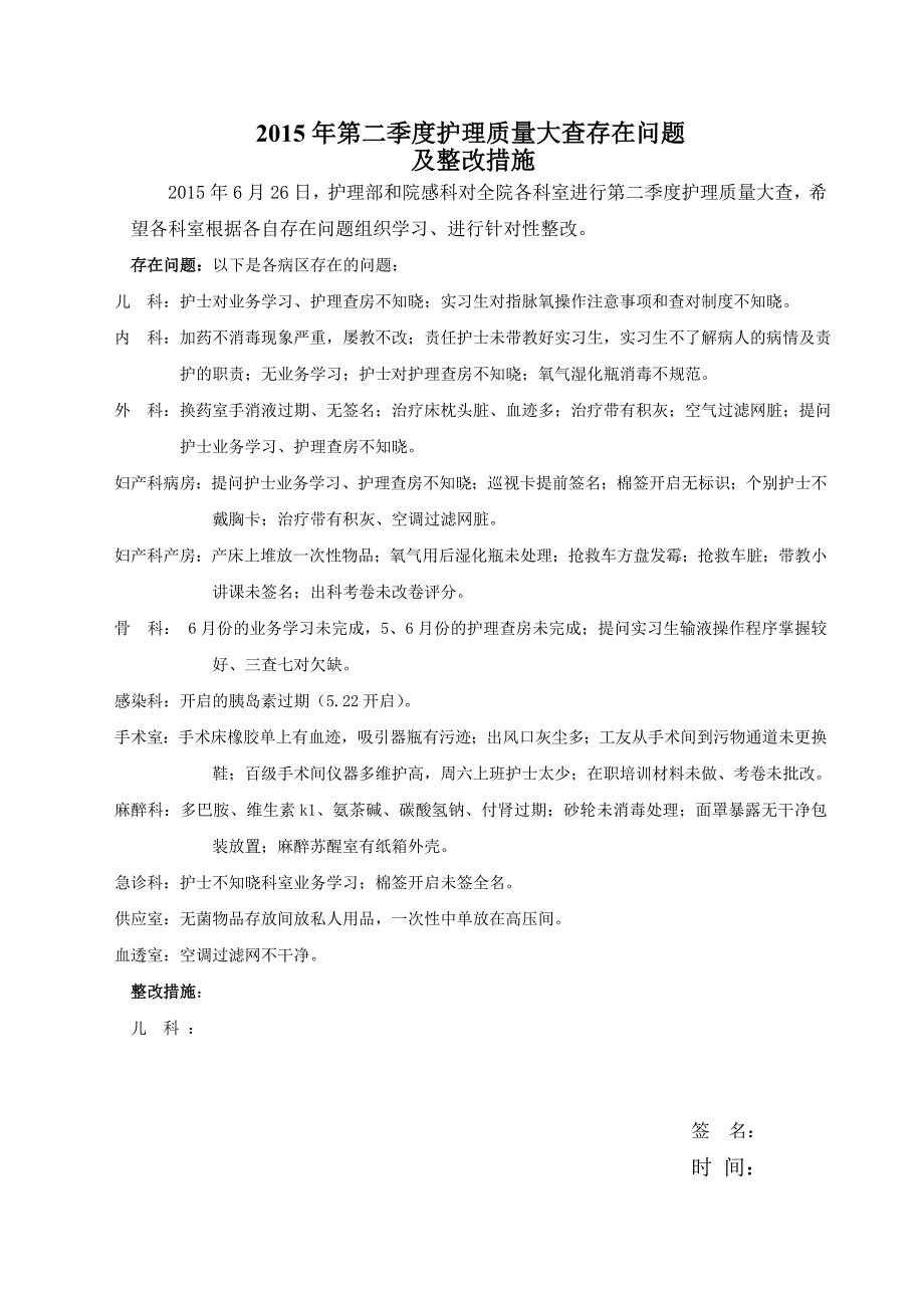 2015年第二季度护理质量大查存在问题及整改措施.doc_第1页