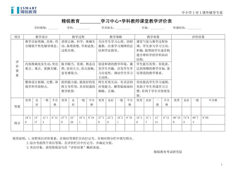 学科教师课堂教学评价表