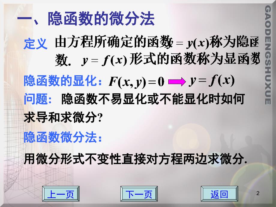 应用数学 教学课件 ppt 作者 方鸿珠 蔡承文2.3 隐函数及由参数方程所确定的函数的微分法_第2页