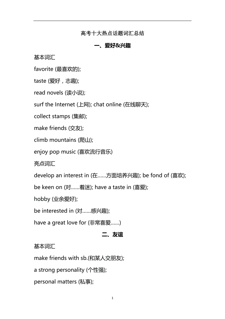 2019高考英语十大热点话题词汇总结_第1页