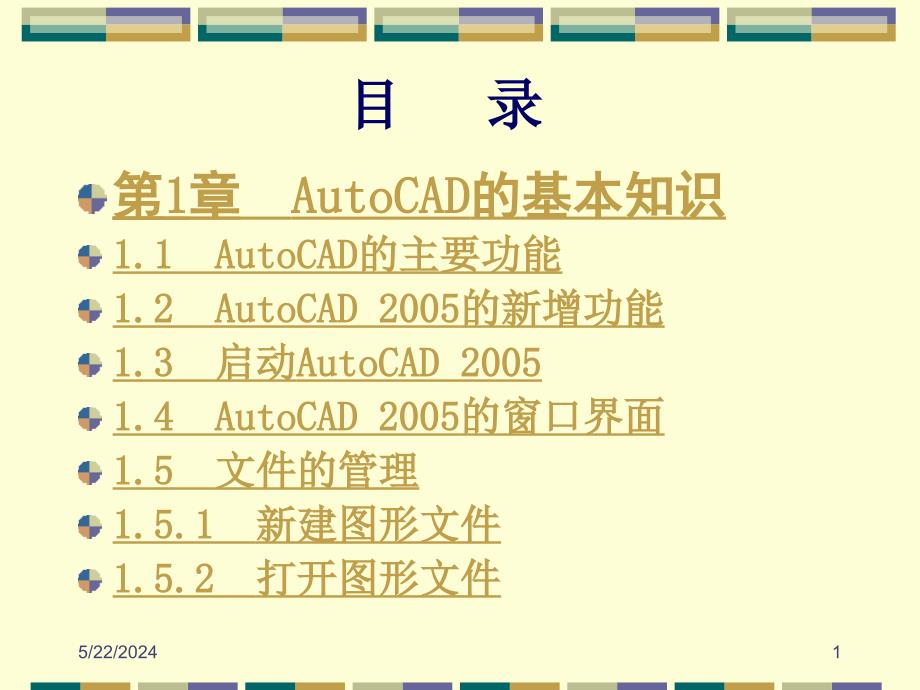 AutoCAD 2005中文版应用教程 教学课件 ppt 作者 刘瑞新目录_第1页