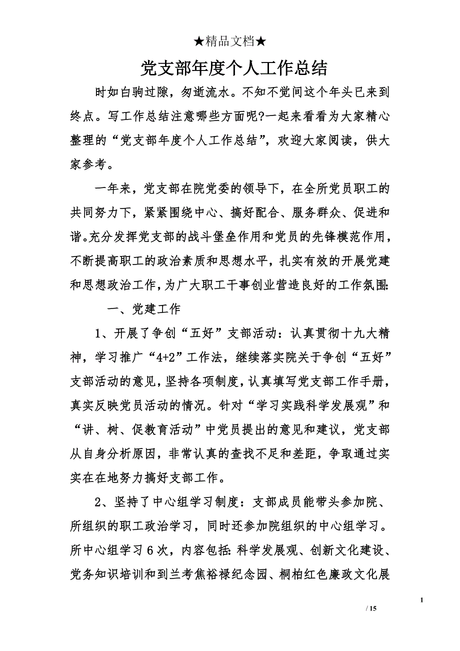 党支部年度个人 工作 总结资料_第1页