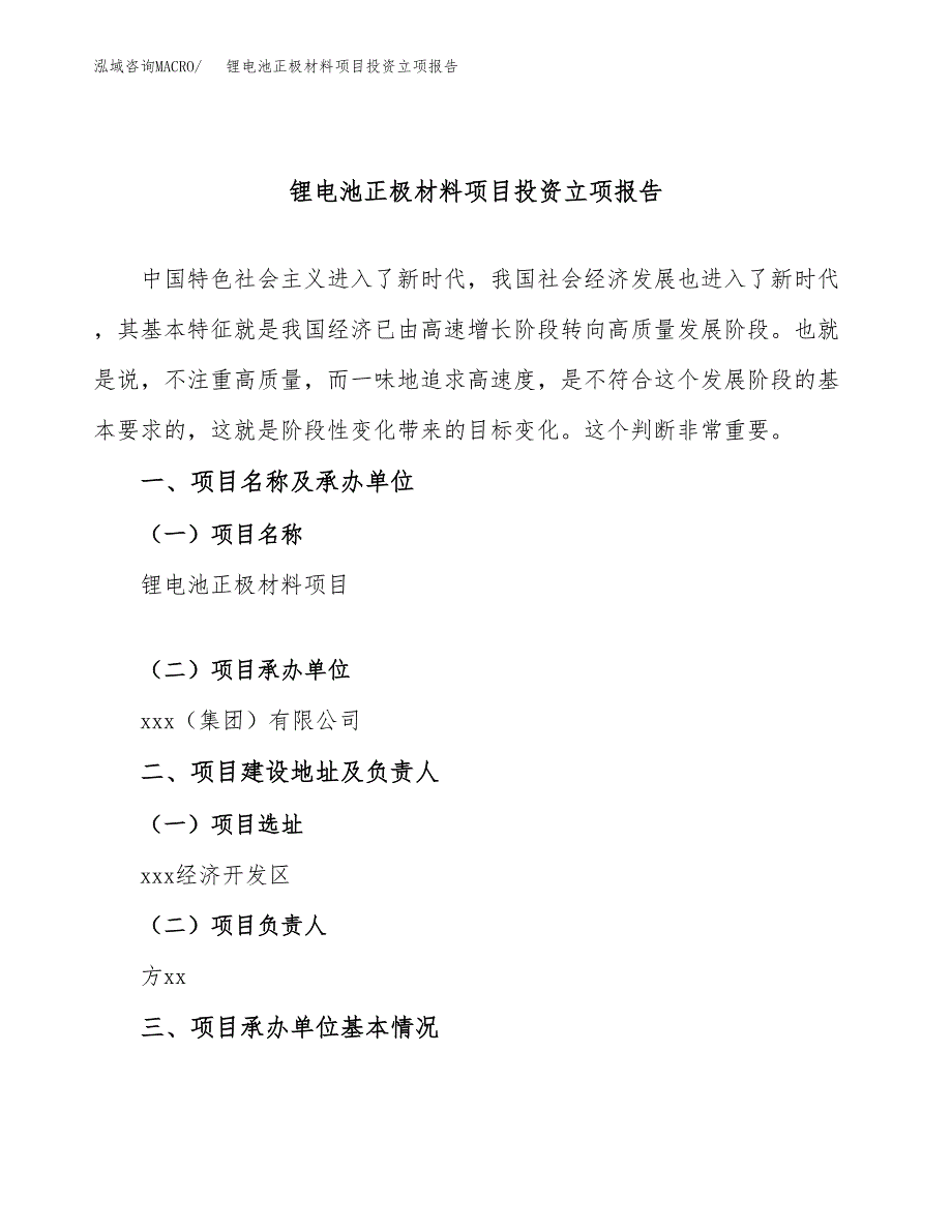 锂电池正极材料项目投资立项报告.docx_第1页