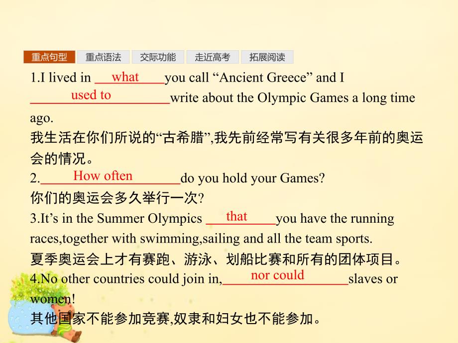 高中英语 unit 2 the olympic games 单元重点小结课件 新人教版必修2_第2页