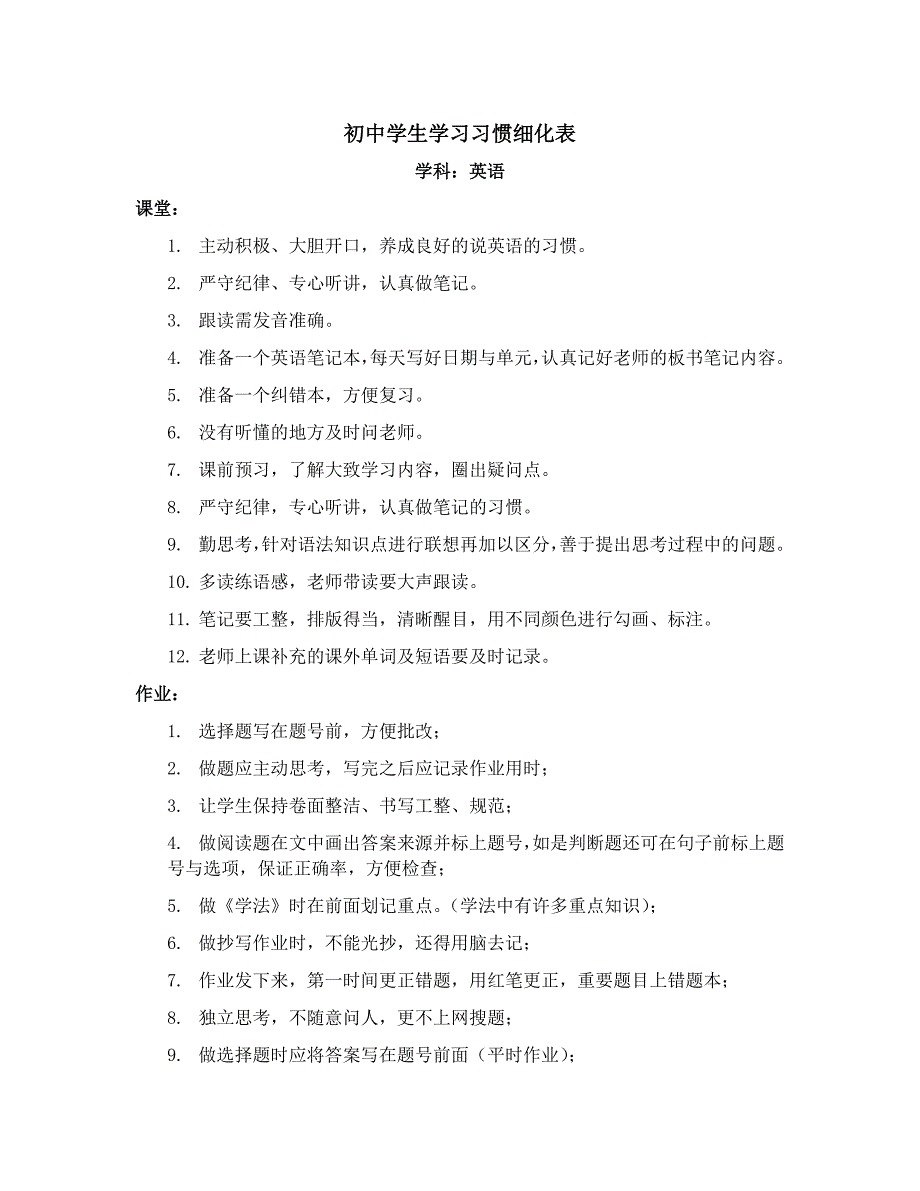 英语学科学习习惯细化表_第1页
