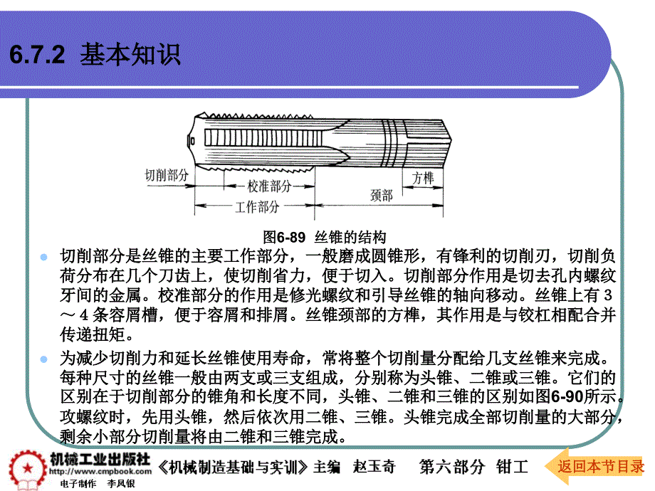 机械制造基础与实训第2版 教学课件 ppt 作者 赵玉奇 主编第六部分 钳工课件6-7攻螺纹与套螺纹_第4页