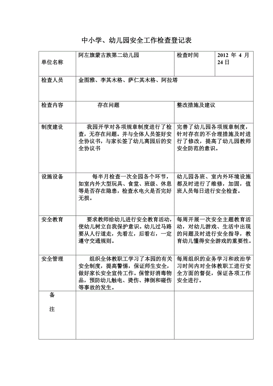 幼儿园安全工作检查登记表_第1页