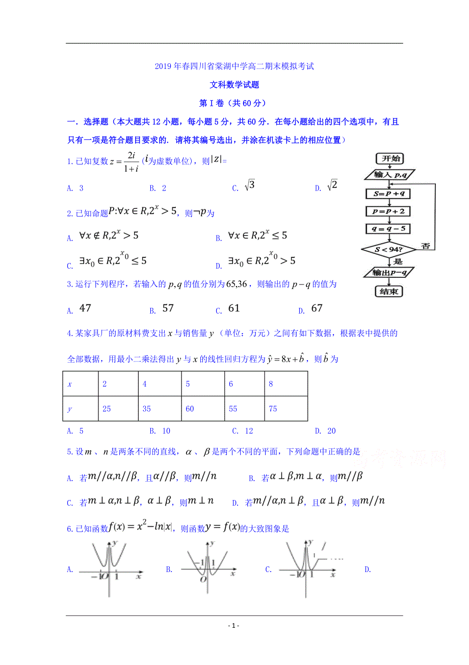 四川省2018-2019学年高二下学期期末模拟数学（文）试题 Word版含答案_第1页