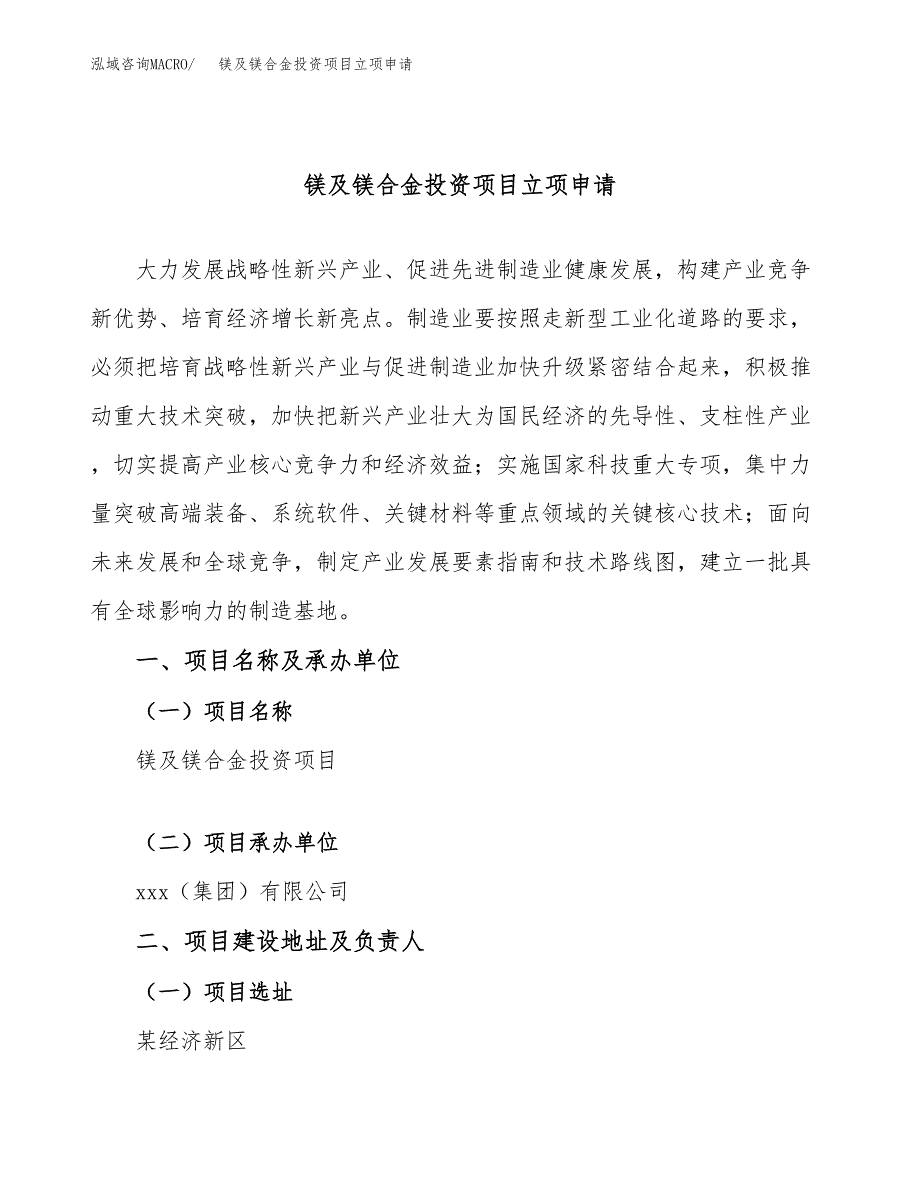 镁及镁合金投资项目立项申请模板.docx_第1页