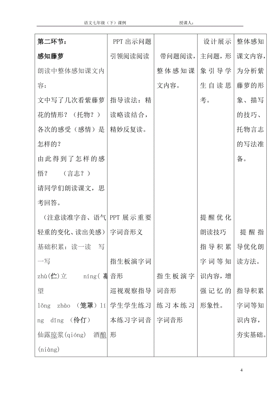 人教版部编七年级语文下册  第五单元 第17课 紫藤萝瀑布 教学设计_第4页