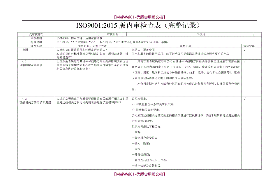 【8A版】ISO9001-2015内审检查表(含检查记录)_第1页