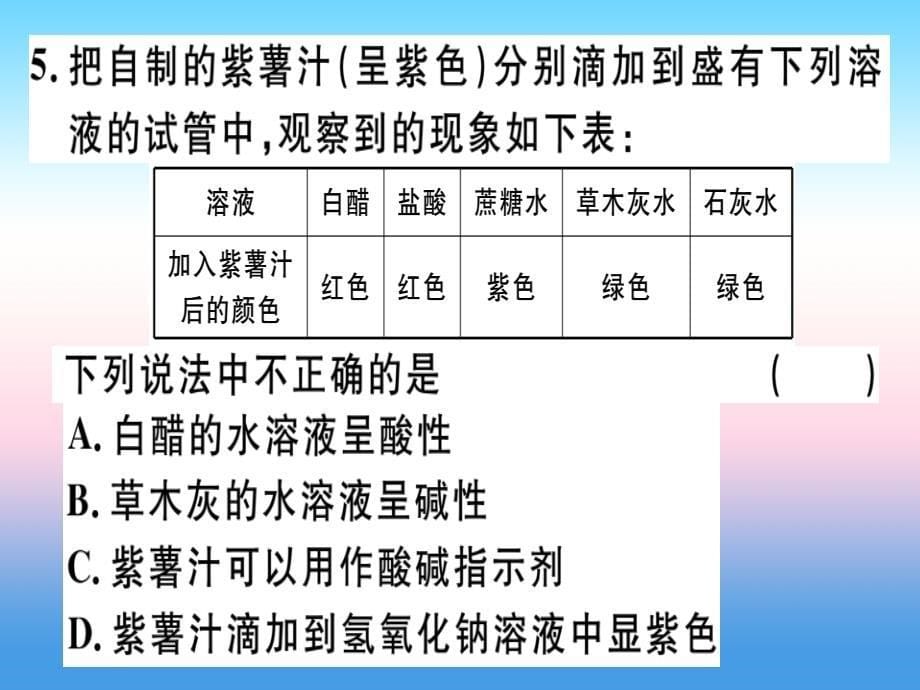 （安徽专版）2018-2019学年九年级化学下册_第十单元 酸和碱 课题1 第1课时 酸碱指示剂习题课件 新人教版_第5页