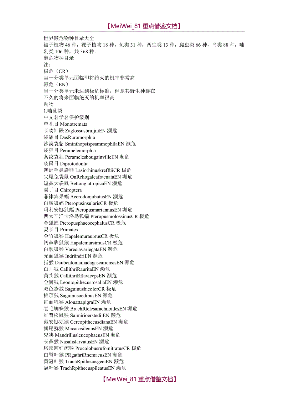 【9A文】世界濒危物种目录大全_第1页