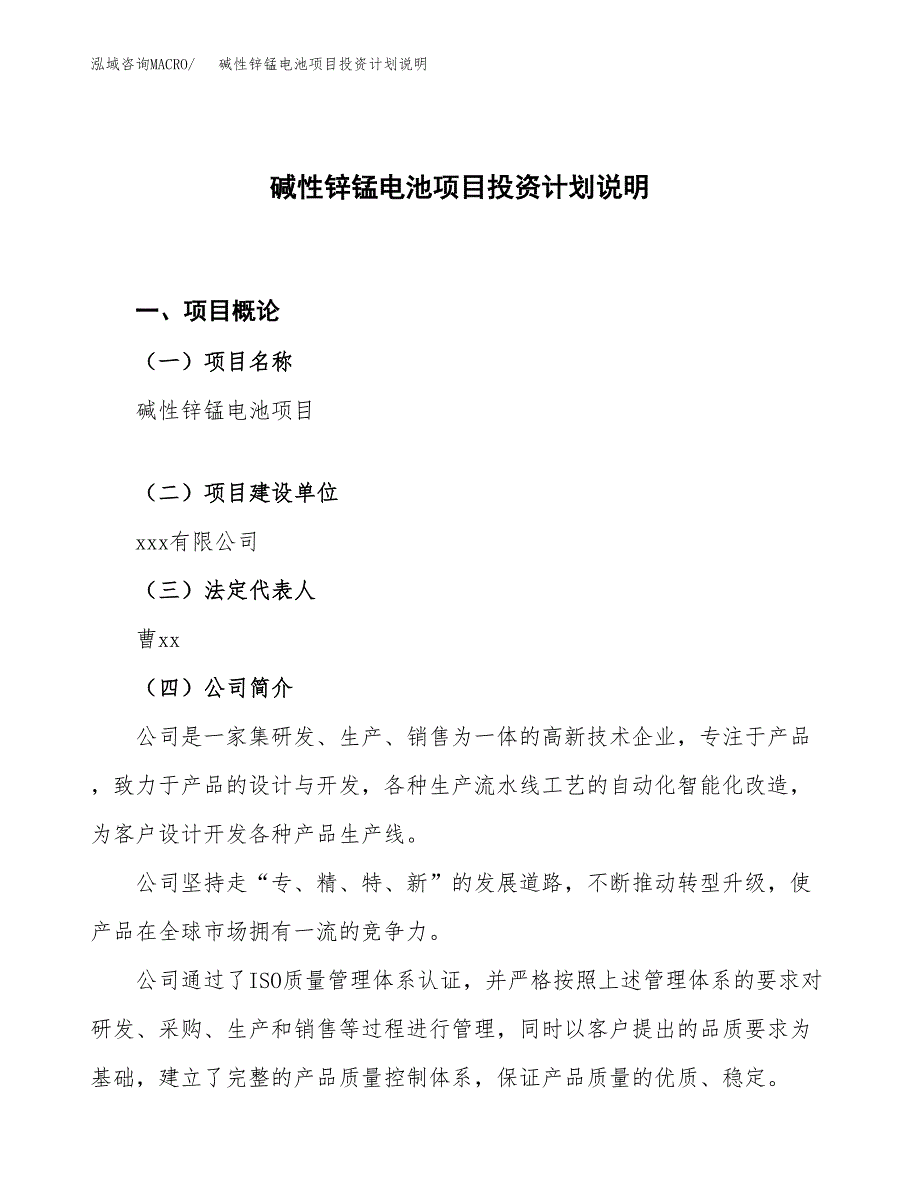 碱性锌锰电池项目投资计划说明.docx_第1页