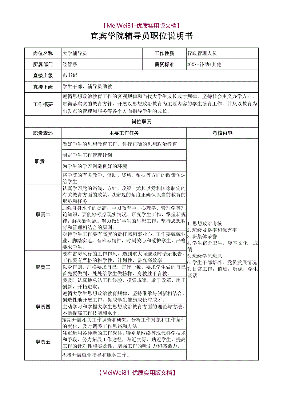 【7A文】辅导员职位说明书_第1页