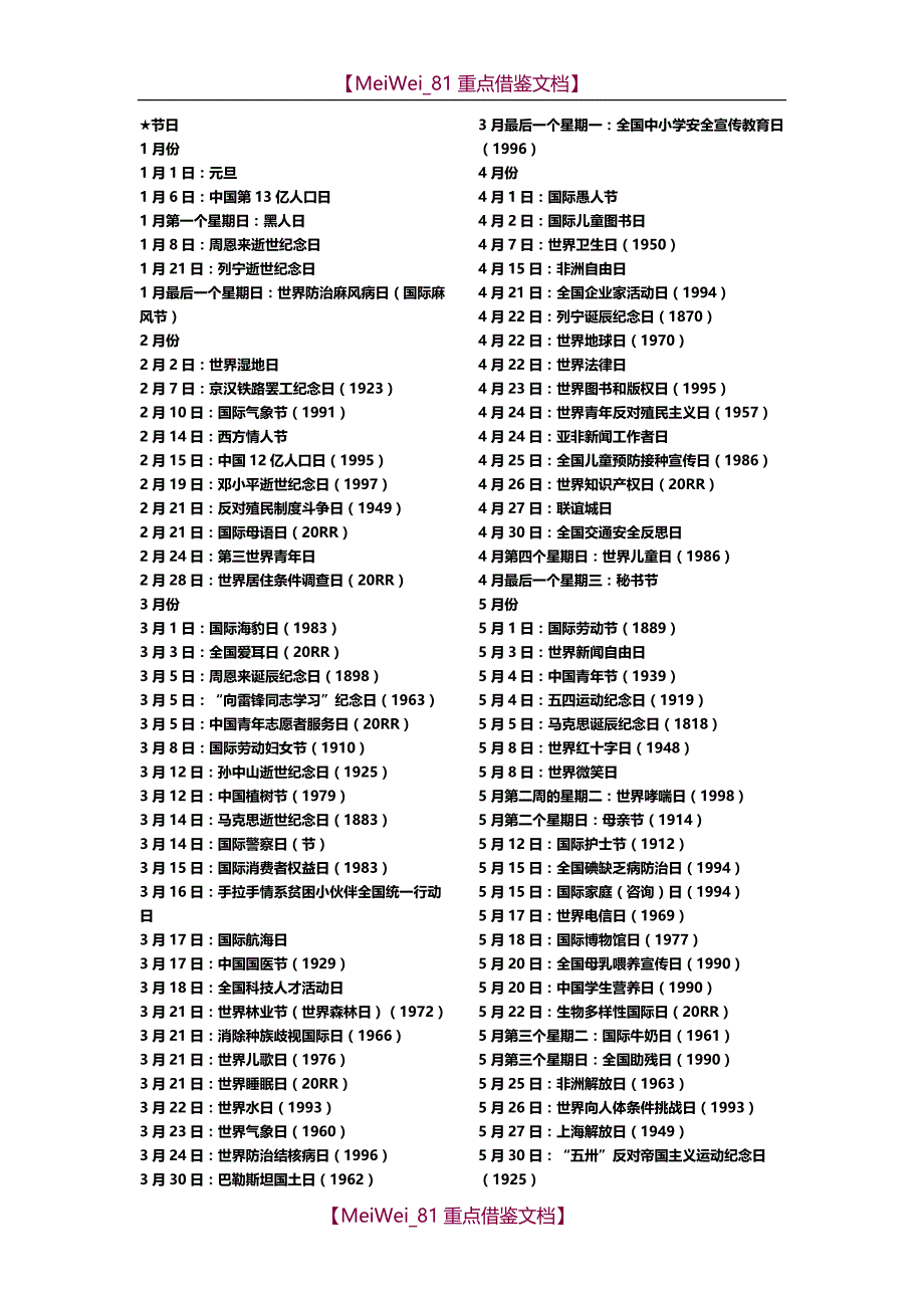 【9A文】世界节日及纪念日大全_第1页