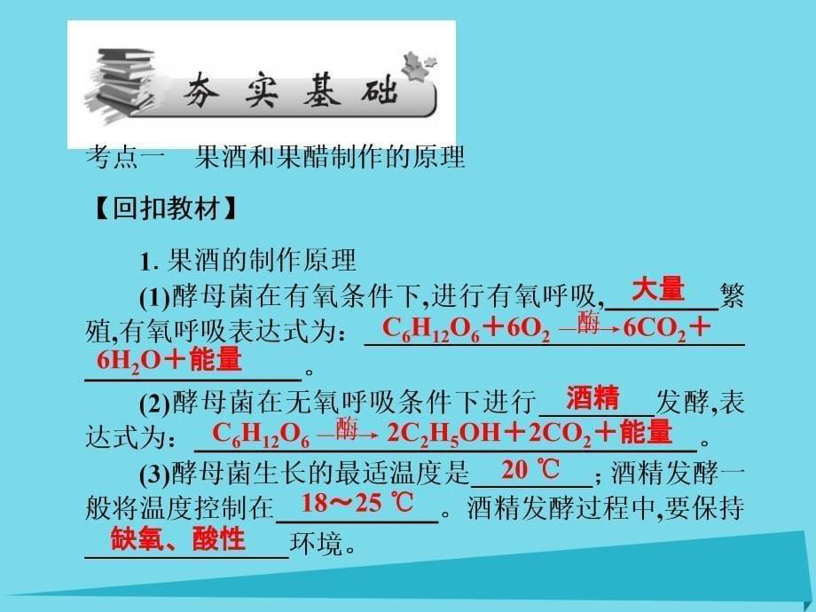 高考高考生物一轮复习_专题一 传统发酵技术的应用（第四十三课-课题1~3-果酒和果醋的制作、腐乳的制作、制作泡菜课件 新人教版选修1_第5页