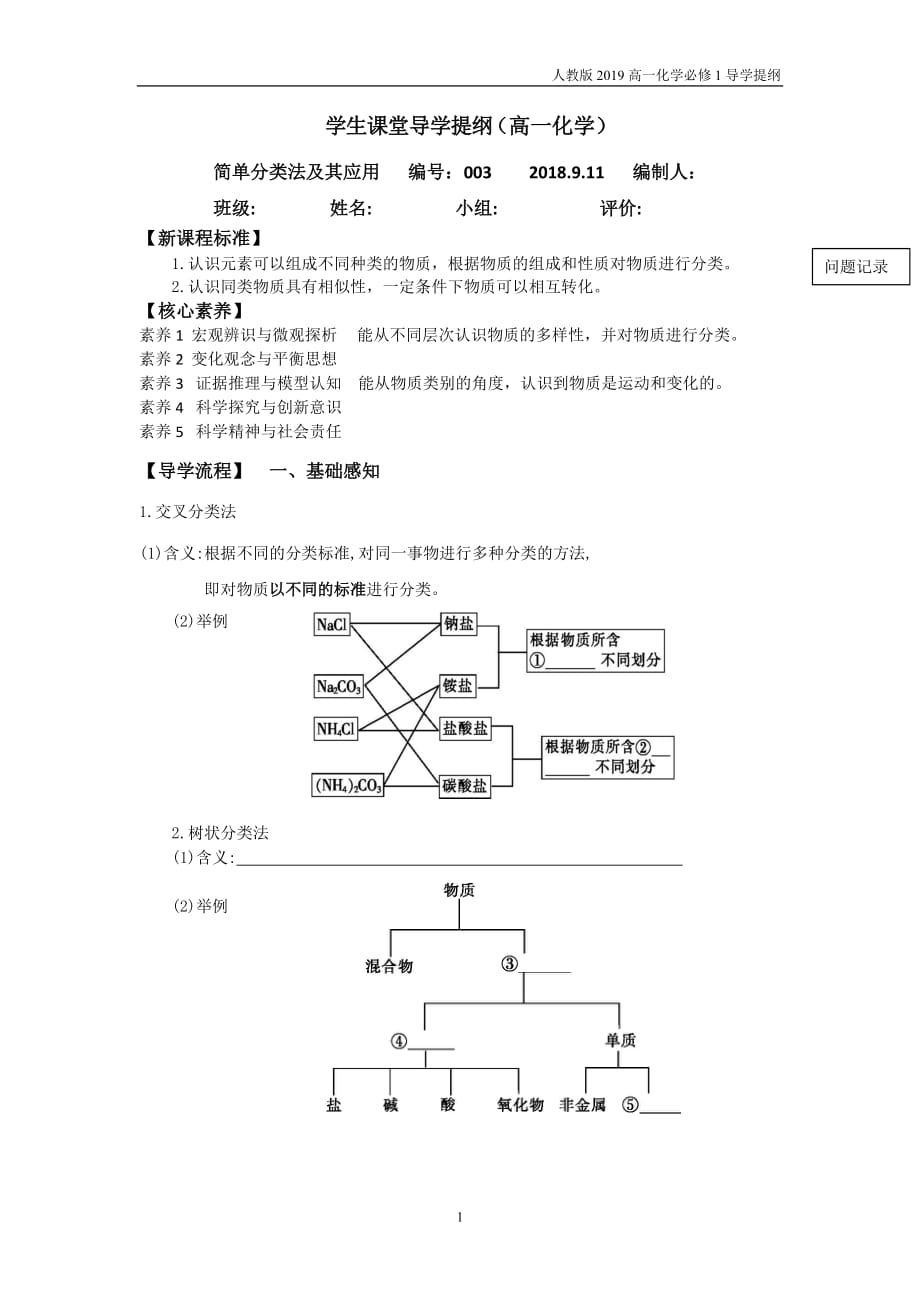 人教版高一化学必修一2.1.1简单分类及其应用导学提纲_第1页