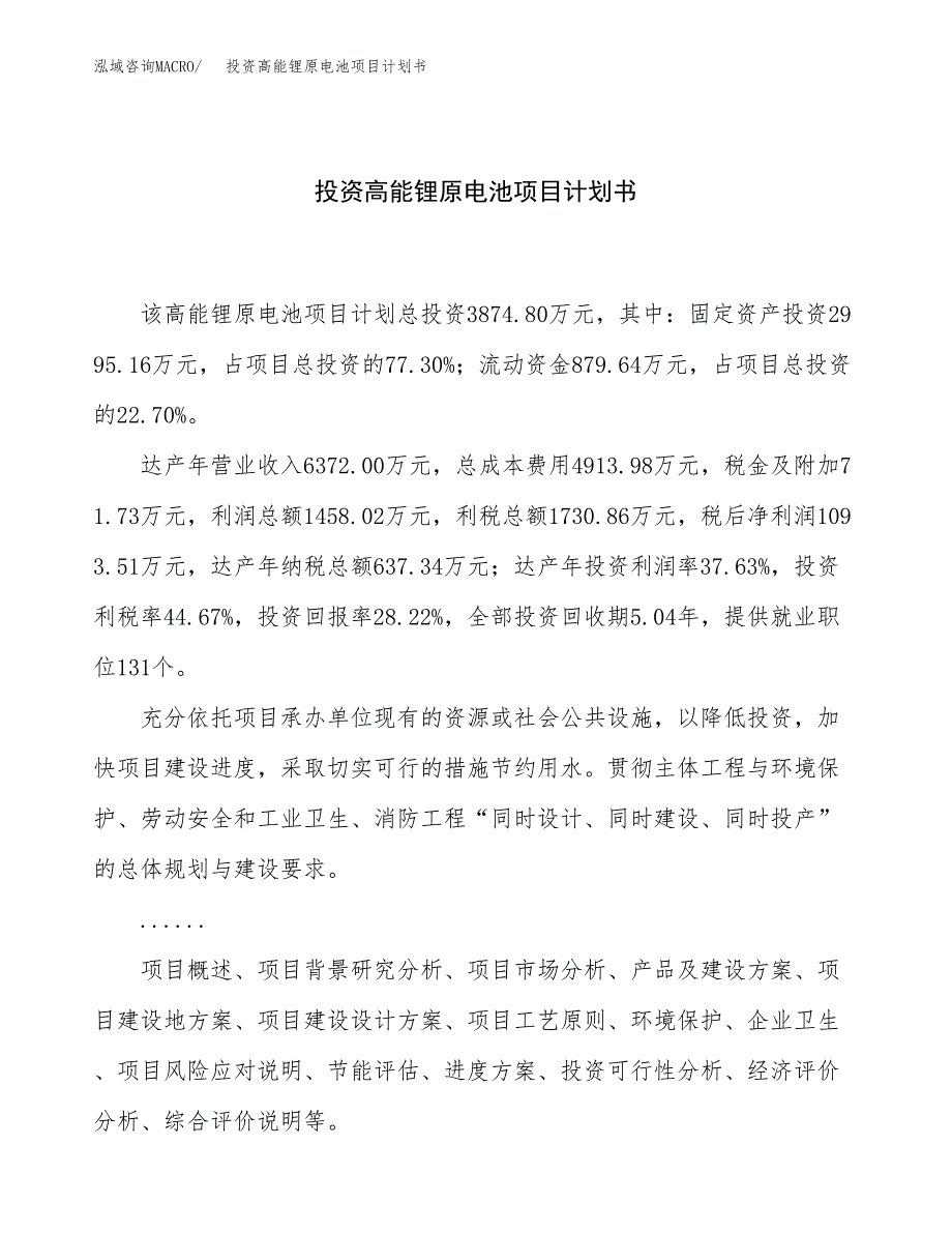 投资高能锂原电池项目计划书方案.docx_第1页