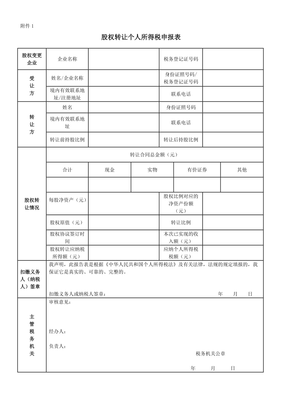 股权转让个人所得税申报表_第1页