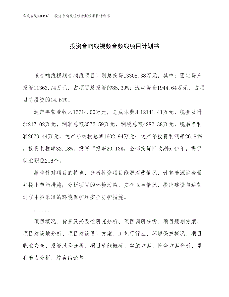 投资音响线视频音频线项目计划书方案.docx_第1页