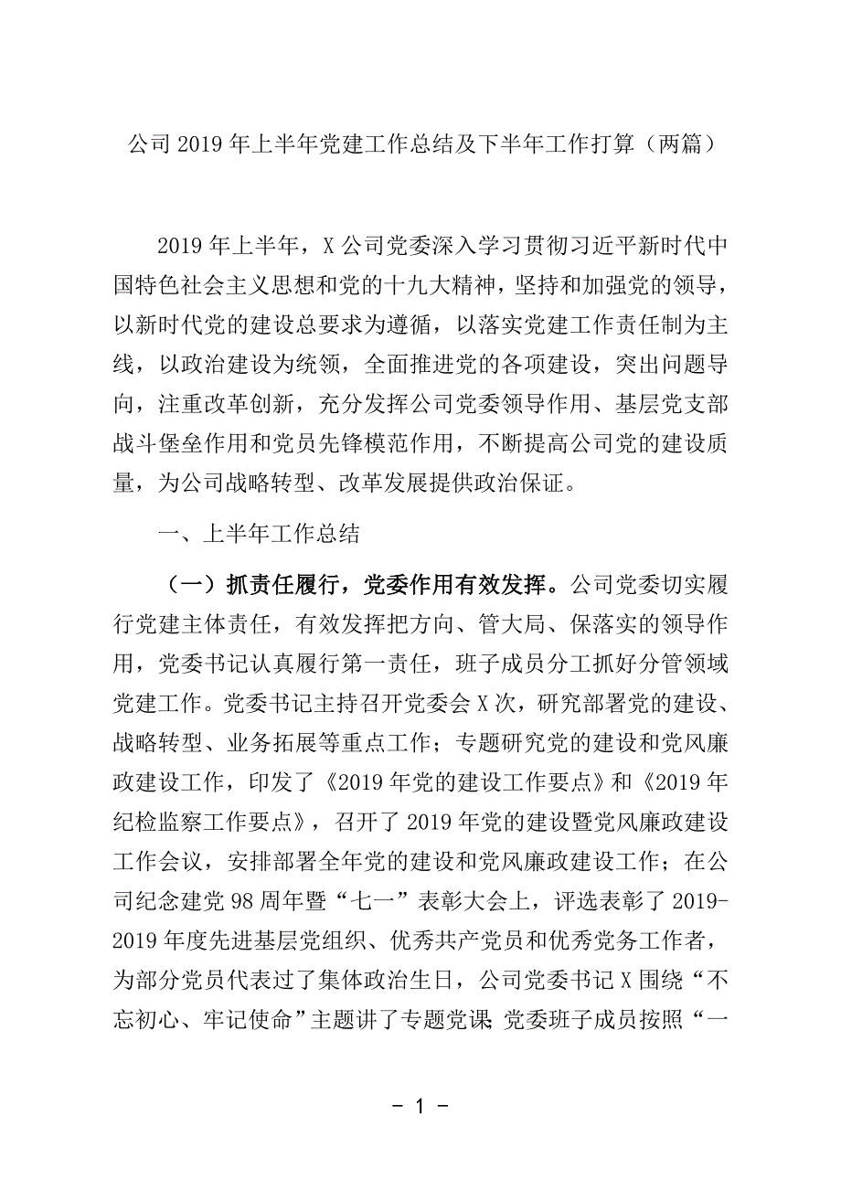 公司2019年上半年党建工作总结及下半年工作打算（两篇）_第1页