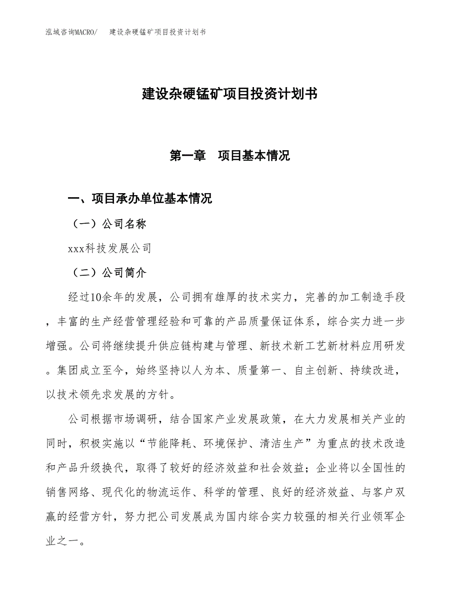 建设杂硬锰矿项目投资计划书方案.docx_第1页