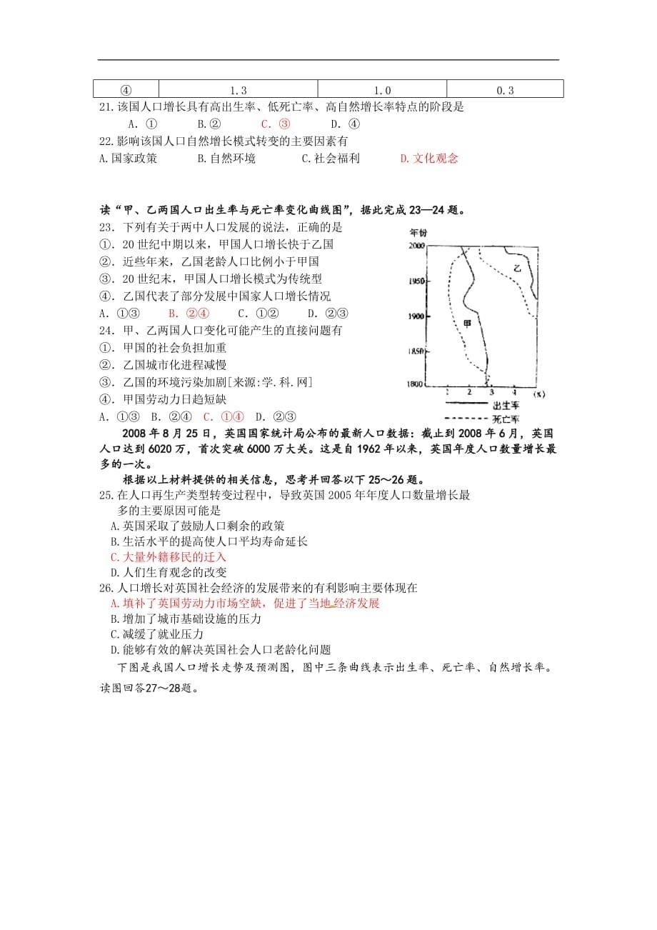 【新课标】天津市2016届高三单元测试题《人口的变化》新人教版必修2_第5页