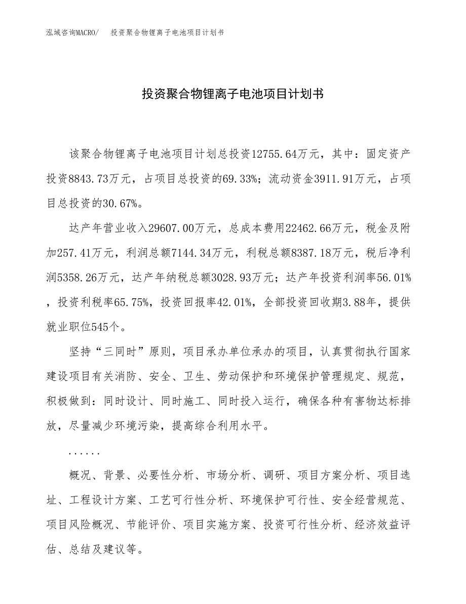 投资聚合物锂离子电池项目计划书方案.docx_第1页