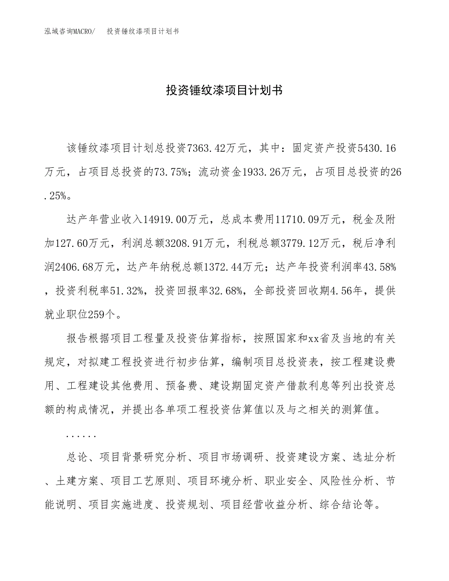 投资锤纹漆项目计划书方案.docx_第1页