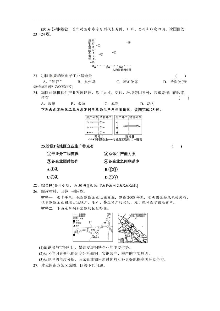 【新人教山东】地理高考单元测试20《工业地域的形成和发展》_第5页