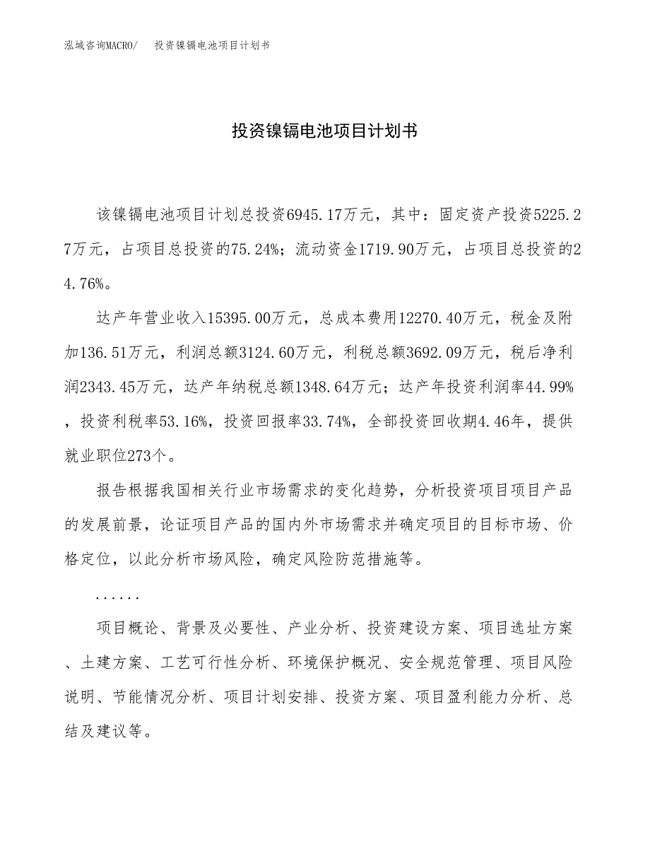 投资镍镉电池项目计划书方案.docx_第1页