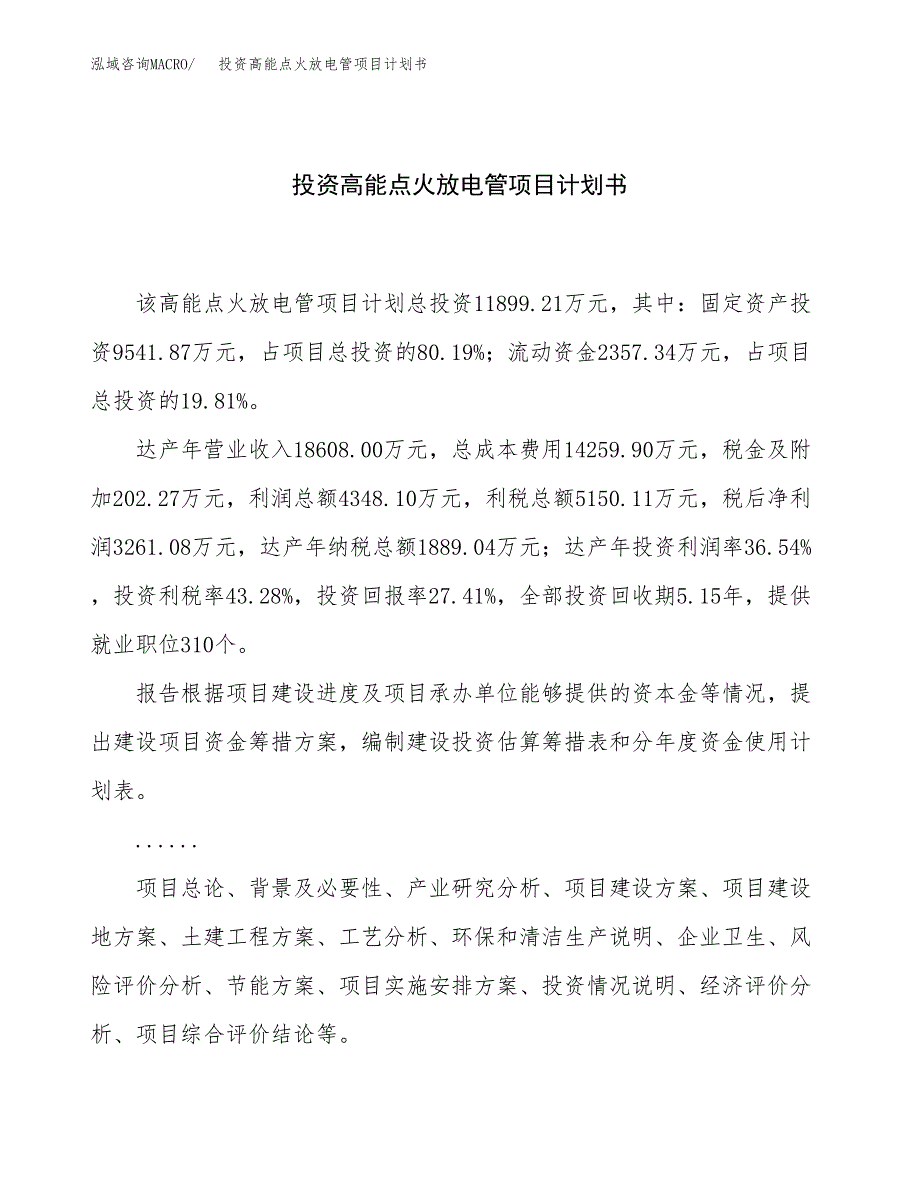 投资高能点火放电管项目计划书方案.docx_第1页