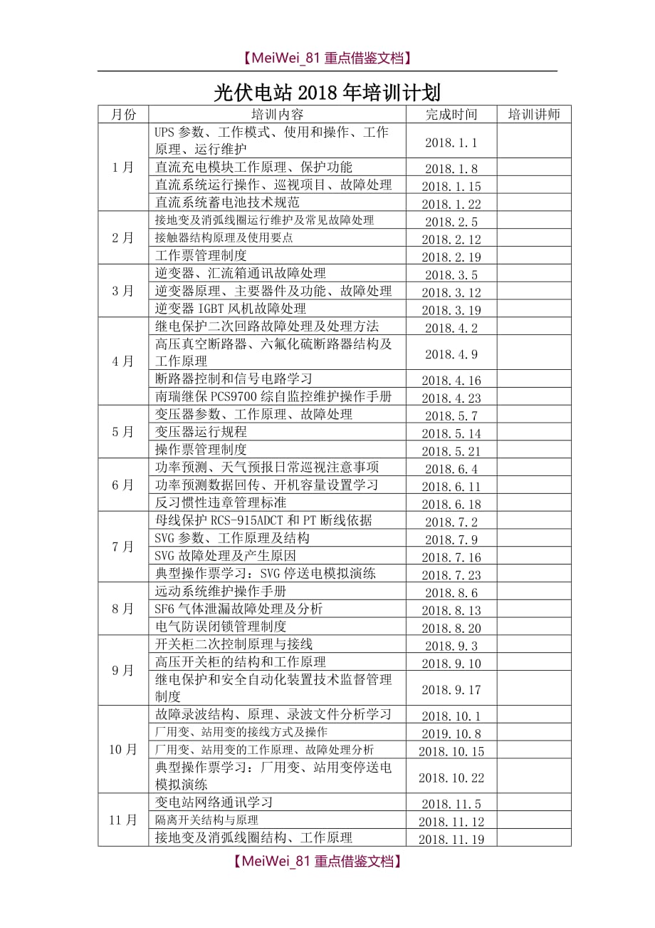 【AAA】光伏电站  培训计划_第1页