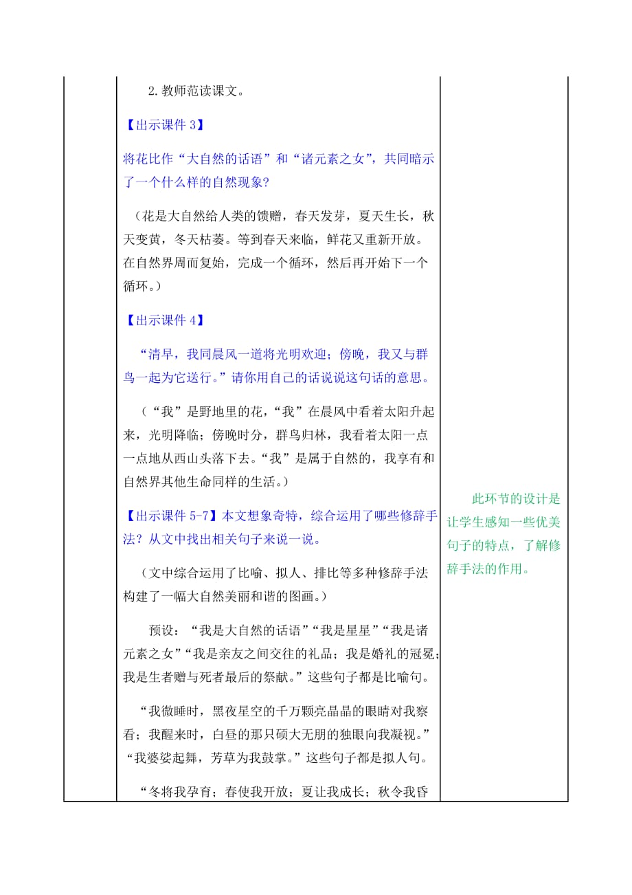 2019年部编人教版小学六年级上册语文第4课《花之歌》教案设计（word表格版）_第3页