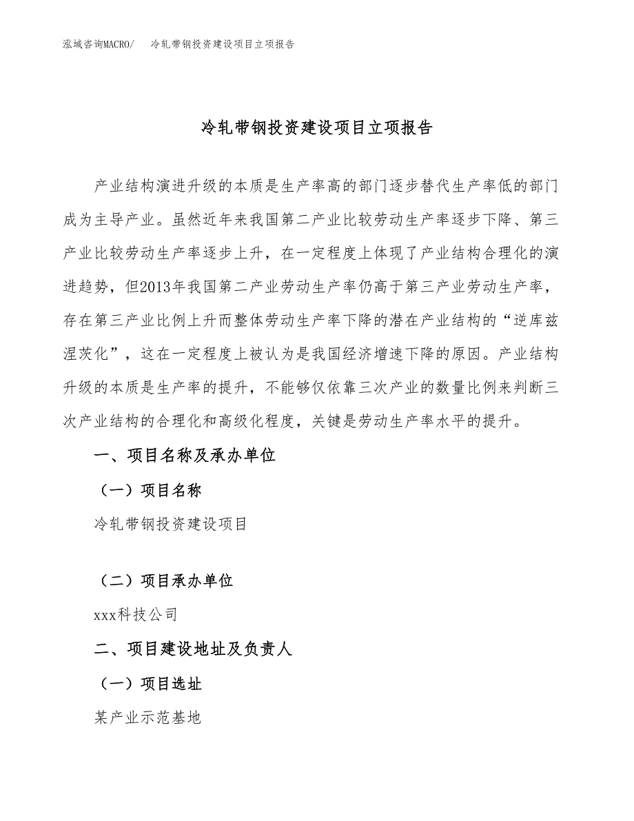 冷轧带钢投资建设项目立项报告(规划申请).docx_第1页