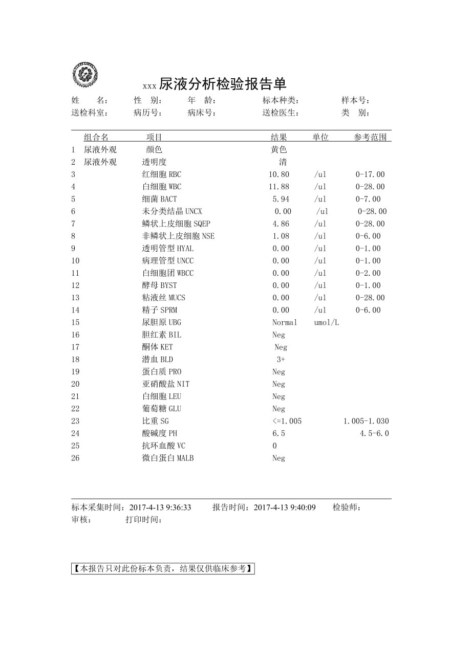 xxx尿液分析检验报告单_第1页