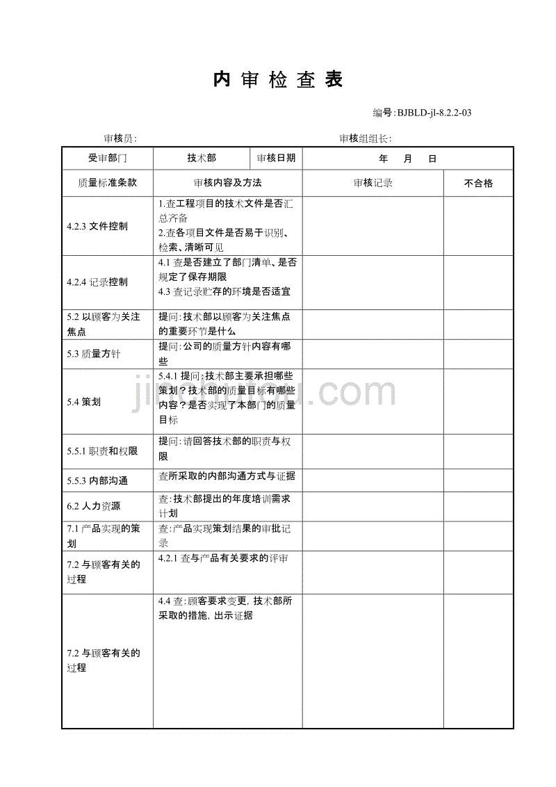 内审检查表(技术部)_第1页